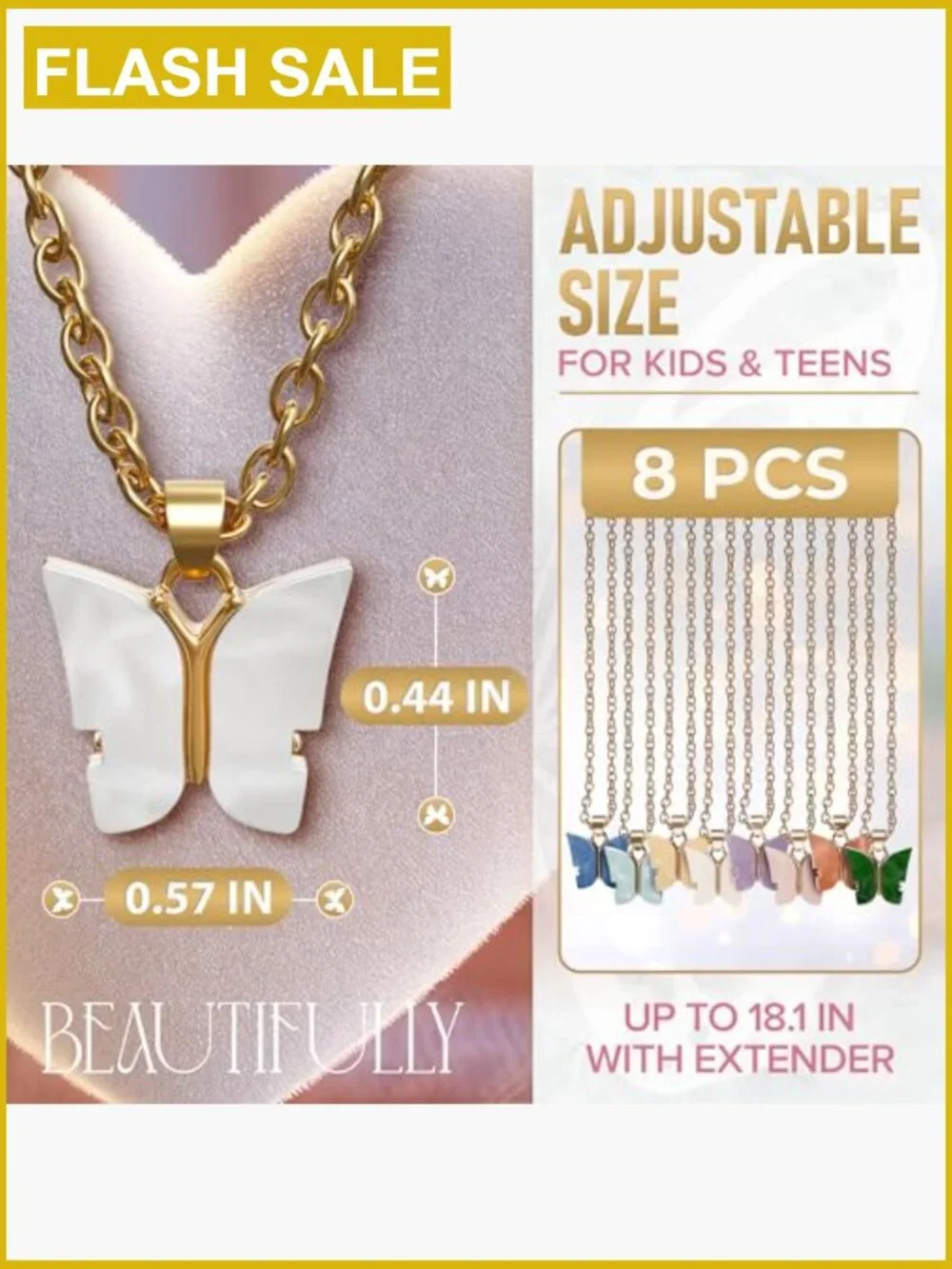 Set of 8 Acrylic Butterfly Pendant Necklaces Adjustable Chain Girls Jewelry